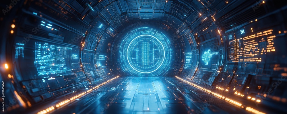 Poster futuristic digital tunnel with glowing lights and abstract patterns