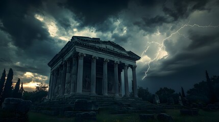 Obraz premium The Mausoleum at Halicarnassus under dramatic storm clouds with lightning illuminating its intricate sculptures.