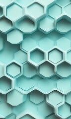 Naklejka premium Cyan hexagons with subtle gradients, floating on a light cyan background, creating a sense of depth. 