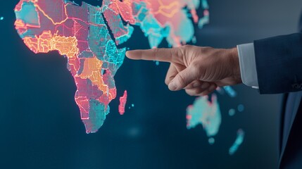 Digital Transformation Driving Business Modernization and Growth, A hand points at a digital map of Africa, showcasing vibrant data visualizations.