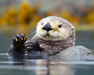 Sea otter resting on rock in water.