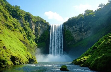 Majestic Waterfall Cascading in Lush Green Landscape