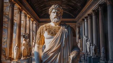 The Statue of Zeus at Olympia with artisans polishing its golden ornaments in a grand ceremonial hall.