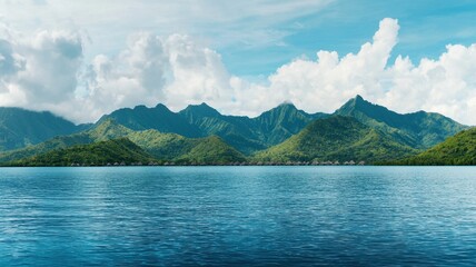 Obraz premium Tropical Island Paradise Turquoise Lagoon Lush Mountains Overwater Bungalows