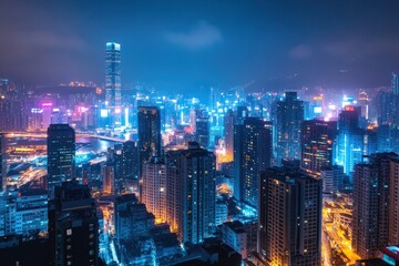 Obraz premium A futuristic cityscape at night with glowing neon lights.