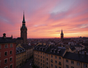 Naklejka premium Stockholm, Sweden. Scenic summer sunset view with colorful sky of the Old Town architecture in Sodermalm district