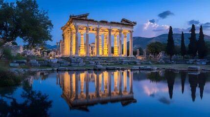 The Temple of Artemis glowing at twilight its grand columns reflected in a serene pool.