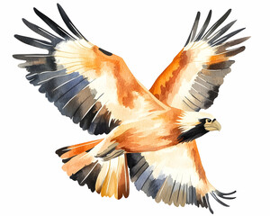 Obraz premium Watercolor painting of a majestic eagle in flight, showcasing its powerful wings and sharp gaze.