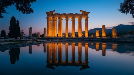 Obraz premium The Temple of Artemis glowing at twilight its grand columns reflected in a serene pool.