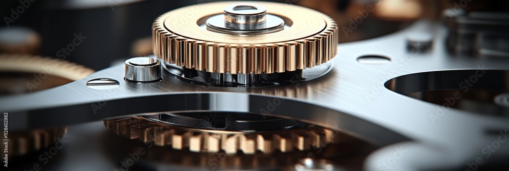 Aufkleber close-up view of polished metal gears and cogs interlocking in a precise mechanical system