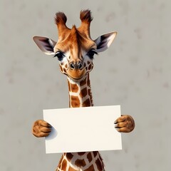 Watercolor  baby giraffe holding a blank sign for text on grey background. Safari animal for children's book, nursery decor, and birthday party. 	