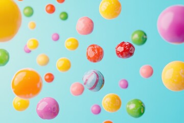 Colorful Gumballs Falling Against A Light Blue Background