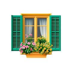 Window with green shutters and flowers. Isolated on transparent background.