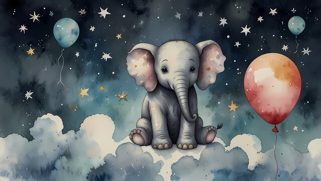 Watercolor illustration, baby elephant seated on a cloud with stars and balloons. Perfect idea for drawing clipart, children's book, nursery decor, and birthday party. 