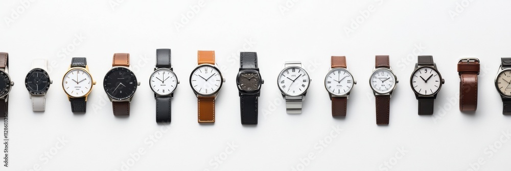 Poster A selection of wristwatches is displayed in a neat row, featuring different styles and colors on a bright white background. Generative AI