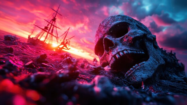 A haunting skull rests on a beach as a ship sails ominously in the background, creating a vivid clash of colors and a mysterious atmosphere as the sun sets.