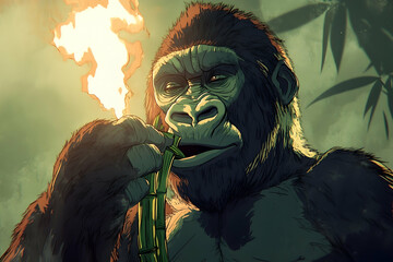 A majestic gorilla, deeply engrossed in smoking a burning bamboo stick, sits amidst a lush jungle backdrop.