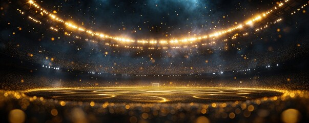 Glowing football stadium with shimmering golden lights and particles