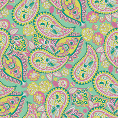 Paisley vector seamless design featuring stunning flowers and leaves in a batik-inspired style. Vintage backdrop