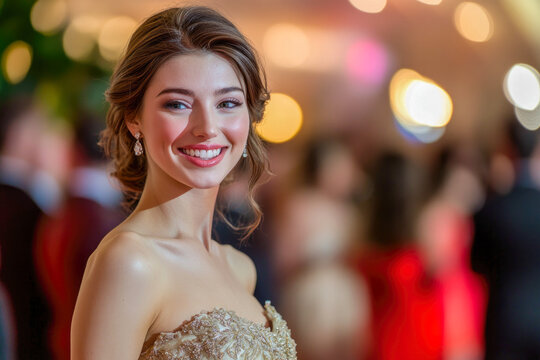 Elegant young caucasian female in formal dress smiling at gala event