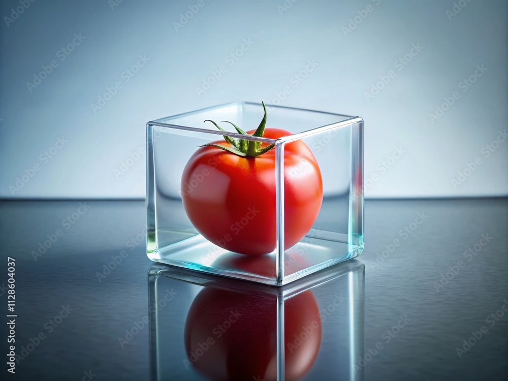 Poster a minimalist perspective on a single tomato encased in a glass cube showcasing its vibrant color and