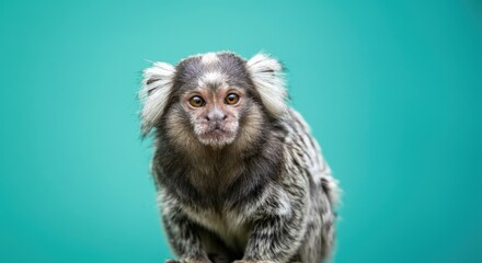 Curious marmoset on vibrant teal background for exotic wildlife enthusiasts