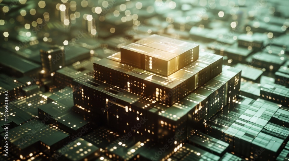 Poster glowing pyramid growing on futuristic circuit board is representing data science, big data, machine 