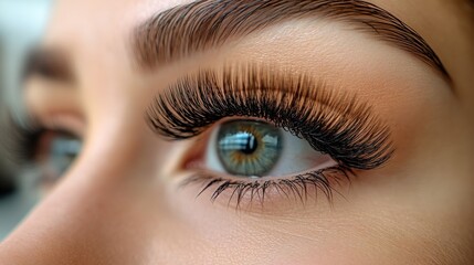Obraz premium Close-up of woman's eyes with beautiful, voluminous false eyelashes and natural makeup.