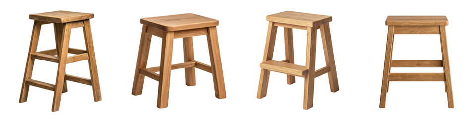 A collection of various solid wood stools in different contemporary designs ranging from minimalist to rustic styles suitable for a variety of home and commercial spaces such as living rooms - Powered by Adobe