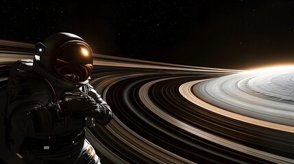 An astronaut floating near Saturn with the planets massive rings stretching across their helmet visor.