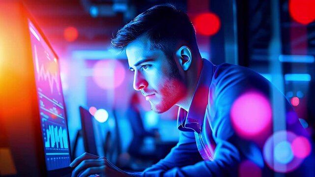 A focused individual analyzing data on a computer screen in a tech environment.