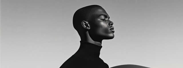 Black and White Profile Portrait of a Man in Minimalist Composition with a Calm Expression and Clean Gradient Background