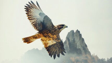 Fototapeta premium A majestic hawk glides gracefully over rugged mountains, showcasing the beauty of nature and wildlife.