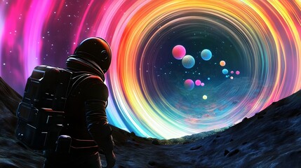 An astronaut observing a massive space anomaly with swirling colors and glowing orbs vividly reflected in their helmet visor.