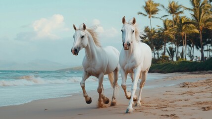 Obraz premium Two White Horses Galloping on Tropical Beach Sunset