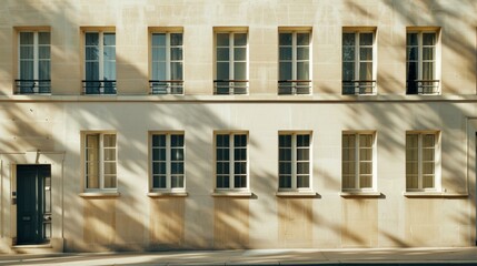 Elegant modern Parisian building, complete wall with windows and doors, sunny afternoon, peaceful atmosphere, no people present.