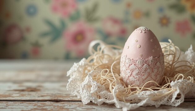 Delicate lace-decorated Easter egg in a nest on a floral background, charming spring ambiance