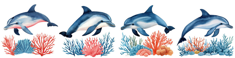 Dolphins Leaping Over Vibrant Coral Reef in Tropical Underwater Scene  Playful marine animals swimming through a colorful and diverse coral reef ecosystem filled with life and beauty