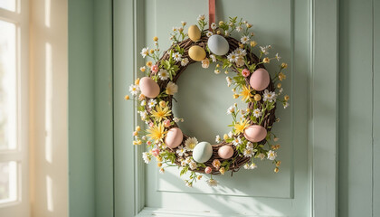 Spring floral wreath with pastel eggs and flowers on a mint green wall
