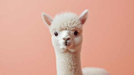 Fototapeta premium A baby alpaca with fluffy cream-colored fur standing on a warm peach background tilting its head playfully.