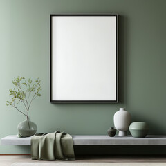 Elegant grey frame, empty white Mockup canvas, Blank Mock-up Frame Canvas, modern green luxury interior, wall art presentation mockup, Picture frame, art presentation, Picture frame on a wall, Blank