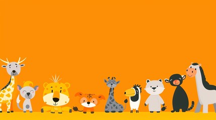 Obraz premium A group of cartoon animals stand in a row on an orange background.