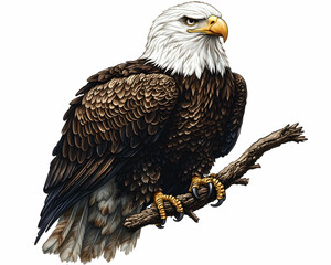 Obraz premium Majestic bald eagle perched on a branch, detailed feathers, intense gaze.