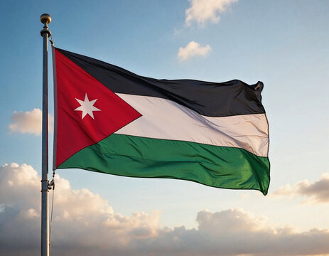 Jordan national flag wavering in beautiful clouds with building skyline. Modern Building skyline with national flag. Jordan national flag for independence day. - Powered by Adobe