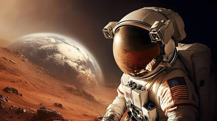 An astronaut standing on a dusty red Martian landscape with the reflection of a distant Earth in their helmet visor.