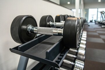 A Pair of Dumbbells on a Rack in a Modern Gym, Symbolizing Fitness and Strength for an Energetic Workout Session