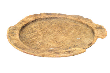 A round wooden dish with a cracked surface and jagged edge, showing signs of wear and age.