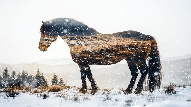 A majestic horse stands amidst a snowy landscape, embodying the beauty of nature and winter's quiet serenity.