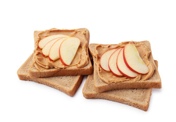 Tasty sandwiches with peanut butter and apple isolated on white