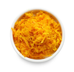 Fresh orange zest in bowl isolated on white, top view